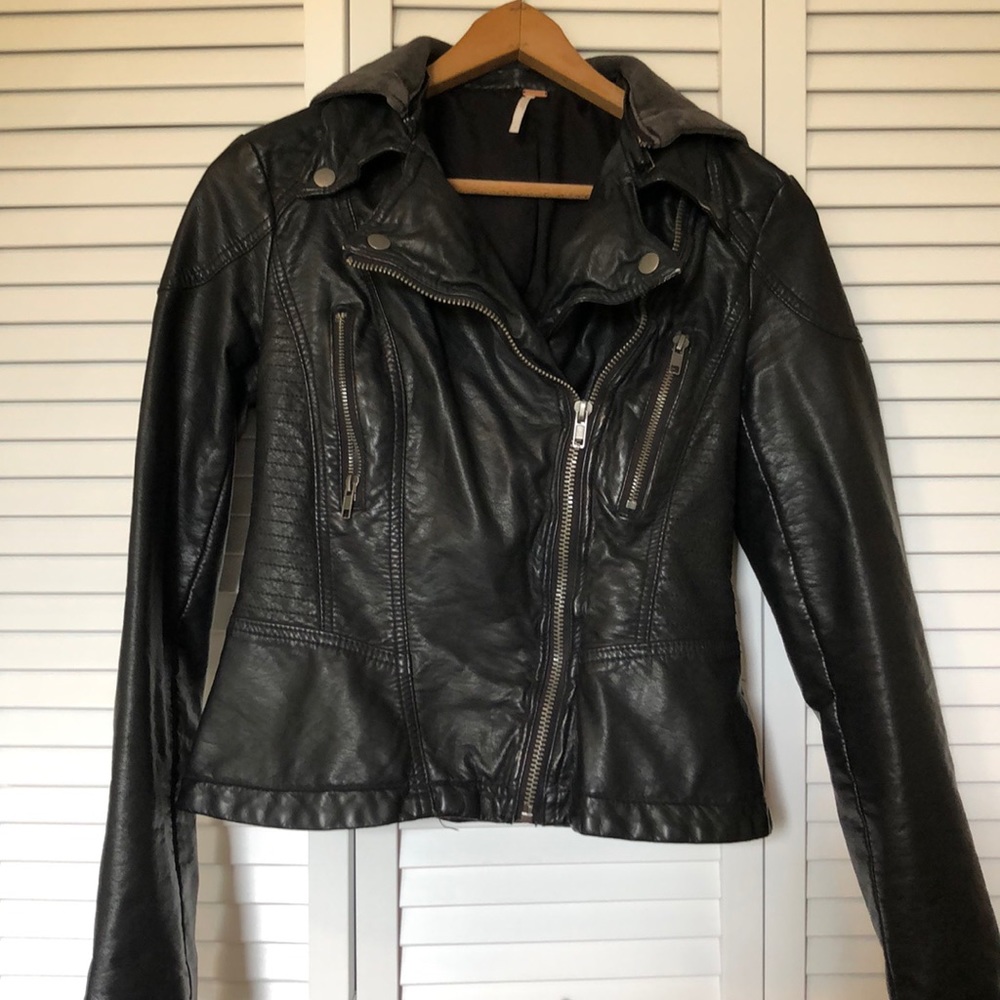 Free People Vegan Leather Hooded Moto Jacket